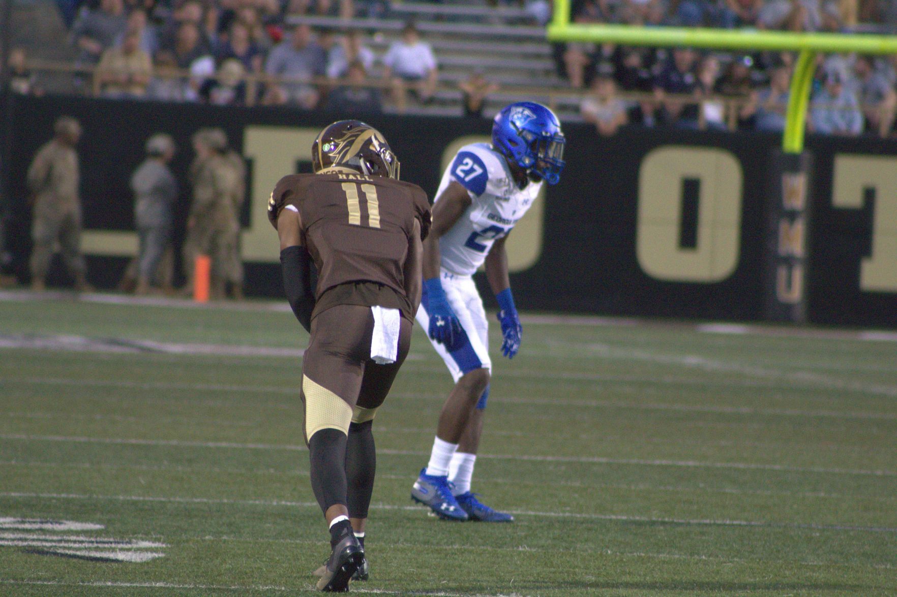 Sophomore WR Jaylen Hall lines up before the snap.